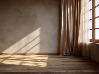 A room with a window and a curtain. The curtain is white and the room is empty. There is a wooden floor and a wall