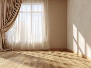 A room with a window and a curtain. The curtain is white. The room is empty. There is no furniture in the room