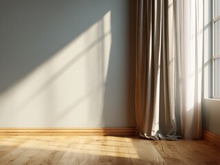 A window with a curtain in front of it. The curtain is white and brown. The room is empty