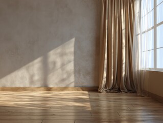 A room with a tan curtain and a window. The curtain is open and the room is empty