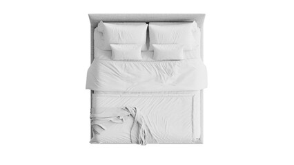 Top view of a white bed on an isolated background. Furniture for collages, graphics designs, and presentations.

