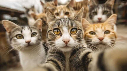 A group of curious cats gathers close together their faces full of personality. Each cat displays unique fur patterns and colors creating a lively scene in a sunny outdoor space.