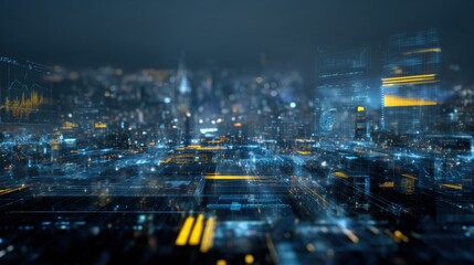 A futuristic city with glowing networks and digital screens displaying charts.