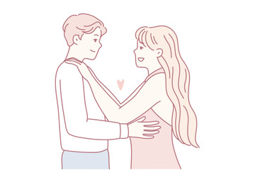 couple embracing in gentle reassurance, soft line illustration of partners facing each other, hands on waist