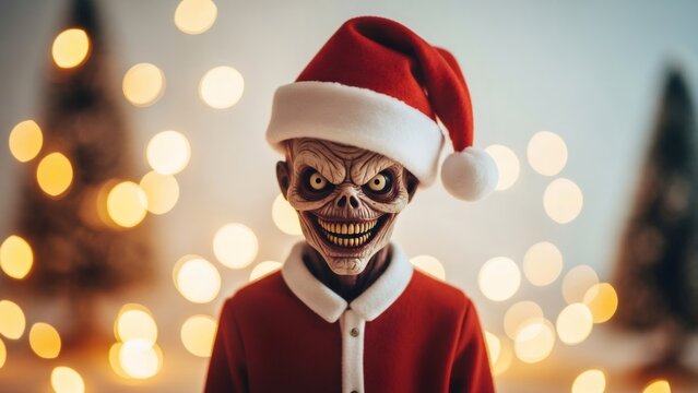 Scary zombie creature in santa suit and hat with creepy smile. Horror concept for Halloween or Christmas party invitation. Spooky holiday character. - Powered by Adobe