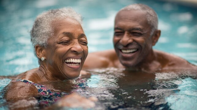 An elderly couple shares laughter while swimming in a clear pool on a warm afternoon. Their smiles reflect happiness and joy celebrating life together.