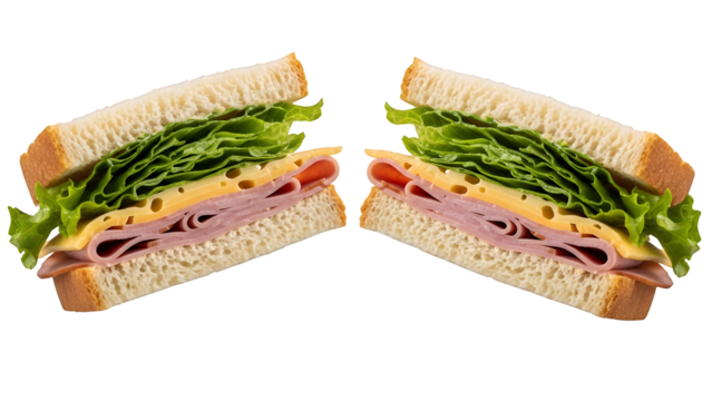 Delicious deli sandwich halves, packed with savory ham, crisp lettuce, and sliced cheese, freshly prepared and perfectly isolated on transparent background, ideal for healthy eating promotions