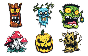 Obraz premium Spooky Haunted Forest Artifacts in Bold Comic Ink Illustration Style on Transparent Background