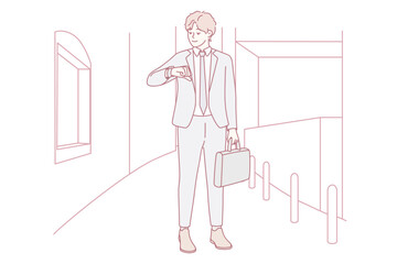 Businessman displays haste along city sidewalk, City executive adjusts watch while rushing to work place, Professional in business attire stresses punctuality amid busy city morning rush hour