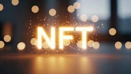 Glowing letters N F T with sparkling effect on dark background. Non fungible token technology concept. Digital asset for blockchain and crypto art.