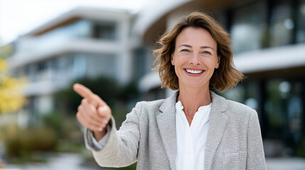 Fototapeta premium Female real estate agent gestures toward a new property with a smile, modern architecture in the background, inviting potential homeowners to explore