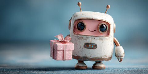 A friendly android robot stands happily while presenting a wrapped gift box adorned with a bow. Its bright eyes and cheerful demeanor add to the festive atmosphere in the blue background