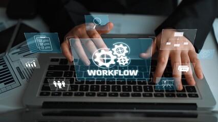 Workflow optimization concept featuring interconnected gears, task management, collaboration,...
