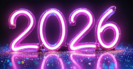 Bright pink neon digits display year 2026. Reflections shimmer below, creating festive mood. Dark background enhances glow.
