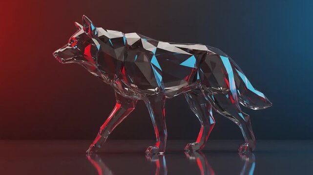 Low Poly Glass Wolf Sculpture with Red and Blue Lighting on Dark Reflective Surface