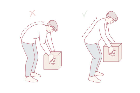Correct technique of lifting heavy packages. Man lift box wrong and right. Back health safety concept. Flat vector illustration.