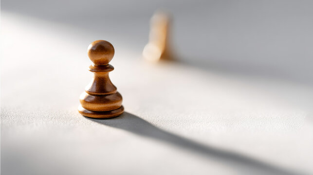 Close-up of a wooden chess pawn casting a long shadow on a light surface with another blurred pawn in the background