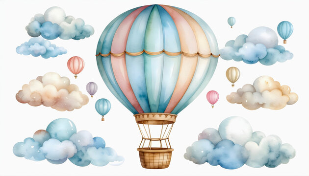 Whimsical watercolor hot air balloon with clouds and balloons isolated on transparent background - Powered by Adobe