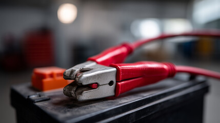 A high-resolution close-up photo of a car battery with jumper cables attached to the terminals. The battery is positioned in the foreground and occupies most of the frame. The focu