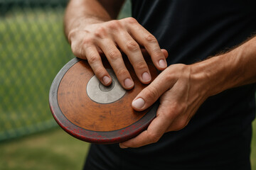 Preparing for the Throw: A close-up shot captures the focused concentration of an athlete gripping a discus, poised at the threshold of action. The scene evokes anticipation and physical prowess.