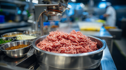 Close-up of minced sausage swirling in grinder, stainless steel table with spice bowls in foreground, bright lighting emphasizing clean facility