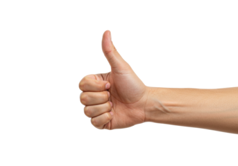 Isolated shot of human hand giving thumbs up gesture, positive approval sign in studio