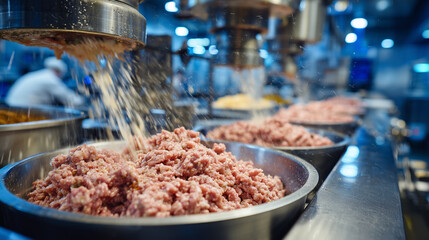 Wide shot of sausage production facility, grinder with minced meat in motion, bowls of spices on stainless steel table, sparkling clean environment