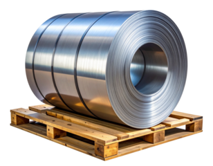 Steel Coil Roll on Industrial Wooden Pallet, Front View, Isolated on Transparent Background