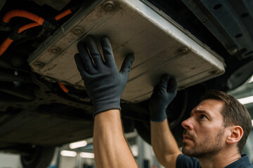 Electric Vehicle Repair Technician: A dedicated technician meticulously installs a component under an electric vehicle, exemplifying precision and innovation in the world of automotive technology.