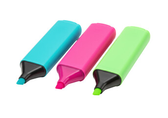 Isolated set of three different colored highlighters, office supplies for school and business