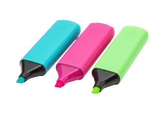 Isolated set of three different colored highlighters, office supplies for school and business