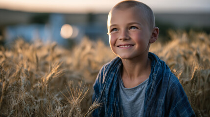 Young bald child beams with optimism while standing among tall wheat stalks, soft morning light casting a warm glow, symbolizing courage and strength