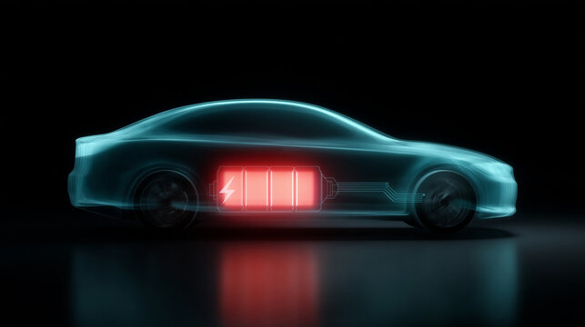 side-view silhouette of a modern electric car, created with bright neon lines (cyan + turquoise); â¢ car body illustrated as a transparent glowing contour, smooth aerodynamic shape;