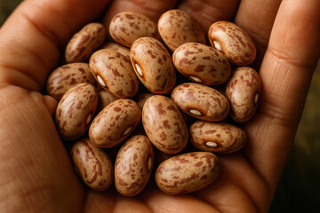 Handful of Pinto Beans: A close-up shot captures a handful of pinto beans. The beans, with their distinctive mottled pattern, sit in the open palm, a testament to nature's bounty and culinary delight.