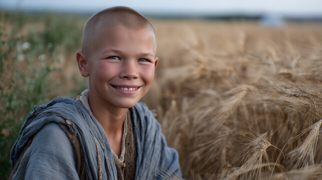 Close-up of a cheerful hairless child in a golden field, gentle wind moves the wheat, his expression radiates hope and positivity despite medical challenges