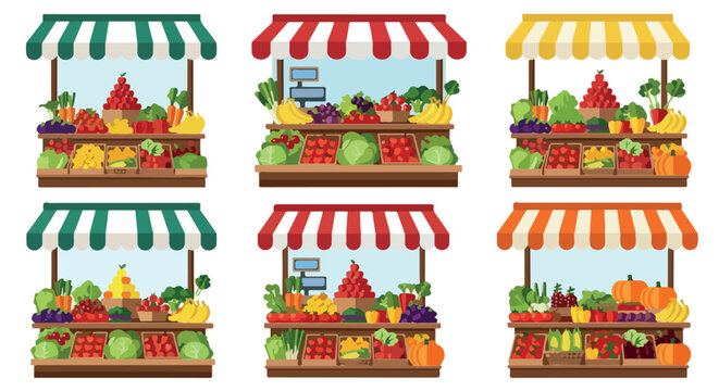 Fruit and vegetable market stalls with colorful awnings