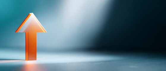 Orange translucent arrow pointing upward on a smooth surface with dramatic lighting and dark blue background symbolizing growth and progress