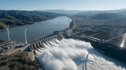 Spectacular aerial view of a massive hydroelectric dam releasing water, with wind turbines generating clean energy in the background