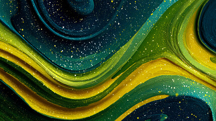 Abstract background with curved green and yellow lines on blue background, curved shapes with white dots, flowing waves of liquid paint, soft glow, light colors, fluid design