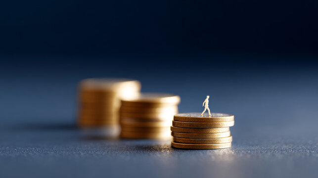 Miniature figure walking on stacked gold coins with blurred coin stacks in background symbolizing financial growth and progress - Powered by Adobe