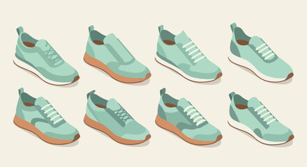 Mint sneakers isometric view set with transparent background