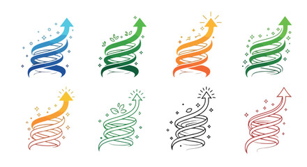 Upward arrow icons with helix and sparkling elements