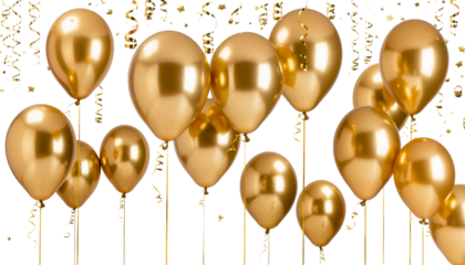 Cluster of golden balloons with confetti isolated on transparent background
