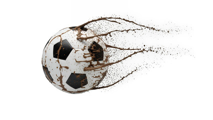 Dynamic football flying and kicking up dirt and water, isolated on transparent background with motion blur