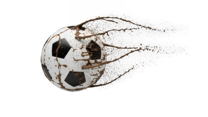 Dynamic football flying and kicking up dirt and water, isolated on transparent background with motion blur