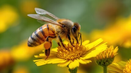 A honeybee is actively gathering nectar from a bright yellow blossom in a garden filled with blooming flowers. It is a sunny day perfect for foraging.