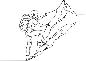 Isolated a Man climbs the mountains in one continuous line drawing. Traveler with backpack is hiking in simple linear style. Leadership development Editable stroke. Doodle outline vector art with whit