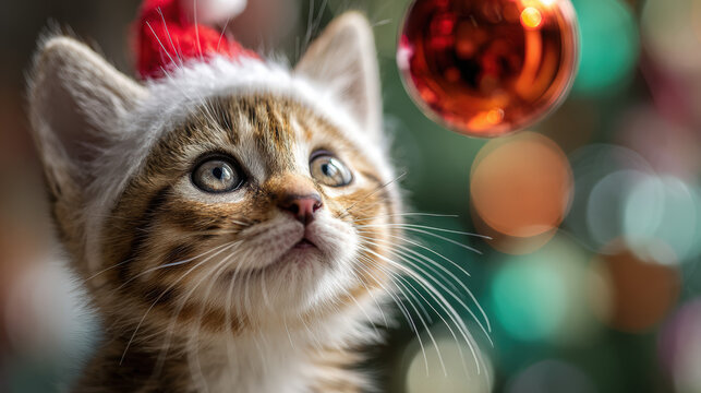 Playful kitten in christmas hat indoor setting festive atmosphere close-up view joyful spirit - Powered by Adobe