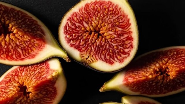 Sliced fresh figs rotating on black background in closeup sequence