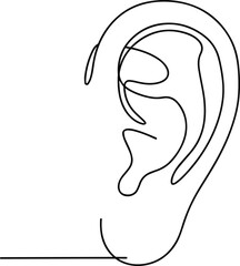 Isolated a One continuous line drawing of human ear. Icon Symbol of care hear health and sensory aid in simple linear style. Mascot concept for world deaf day editable stroke. Doodle vector art .